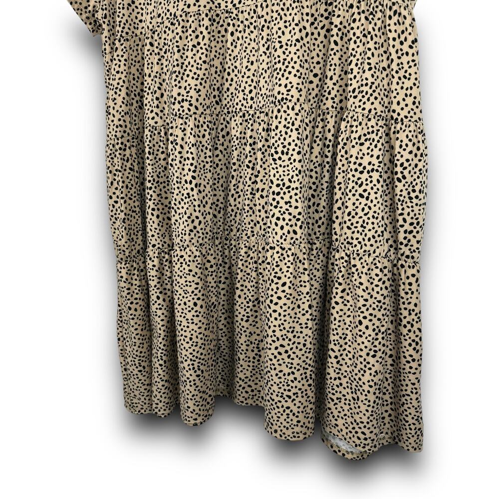 Tiered Ruffle Vneck Dress Pockets Dotted Print Soft Relaxed Tan Beige Black 1X - Picture 3 of 7